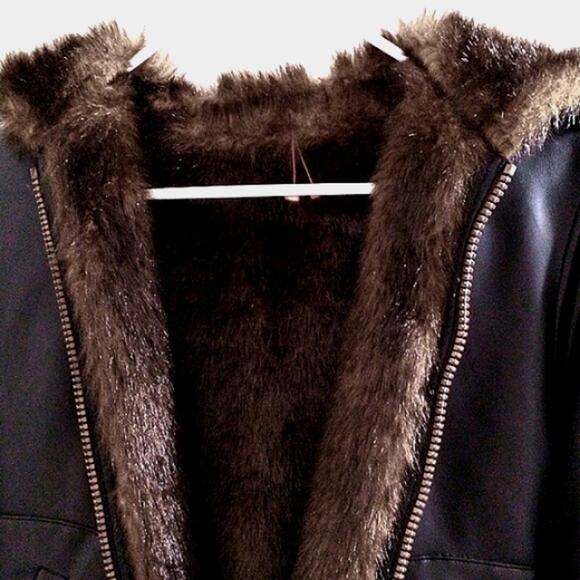 REVERSIBLE Jacket Faux Fur GIRLS Size 7 BROWN Bomber Coat Hooded Faux Leather - Picture 9 of 10